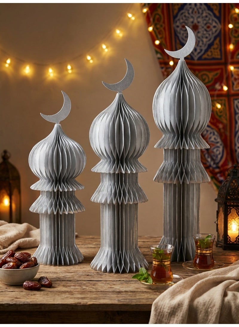 Tanseeq مجموعة حاملات المسجد الورقية الفضية على شكل خلية نحل مكونة من 3 قطع لتزيين رمضان الأنيق زينة مركز الطاولة الإسلامية لعيد مبارك لوازم الحفلات زينة مسجد قابلة للطي ديكور منزلي محايد - Image 2
